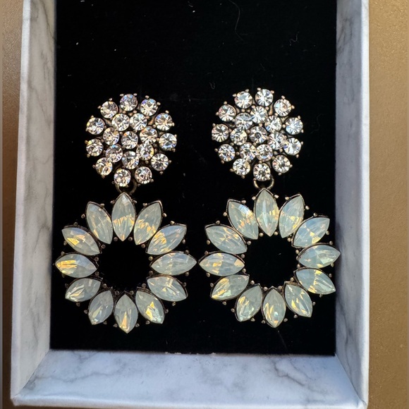 Iridescent, Opalescent Resin Flower Dangle Earrings with Sparkling Rhinestones - Picture 4 of 5